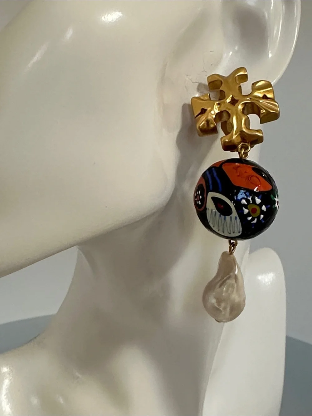 Tory Burch Gold Logo Multicolor Painted Bead &real Pearl Drop Earrings